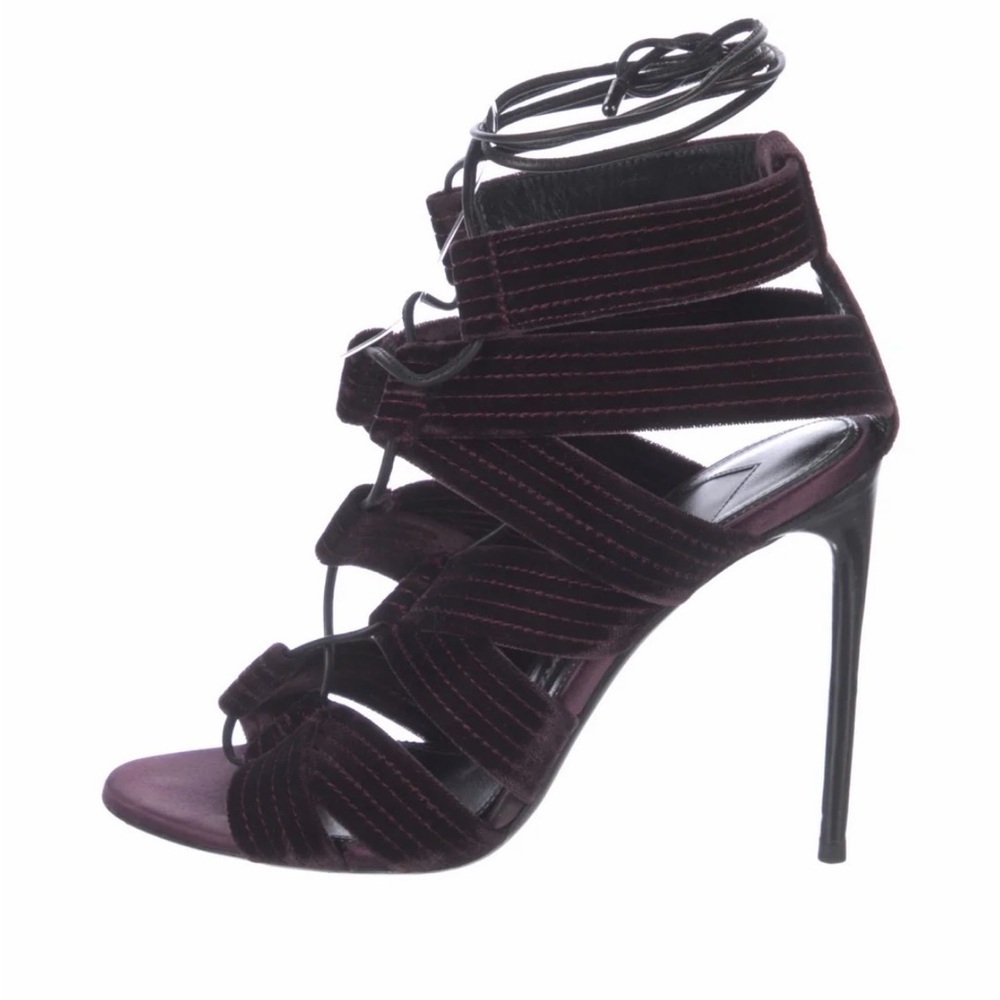 Tom Ford Strappy Velvet Lace-Up High Heel Sandals in Deep Plum Sz 38